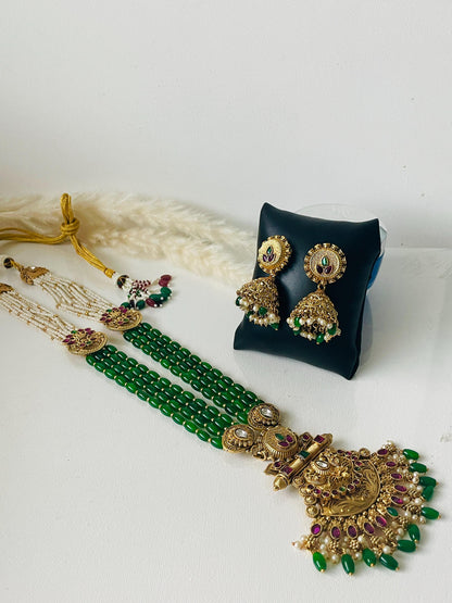 Green Beaded Antique Gold Plated Necklace Set: Temple Jhumka Jewelry