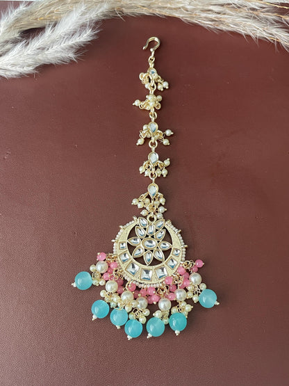 Kundan Dangle Earrings with Colored Beads & Maang Tika: Festive Jewelry
