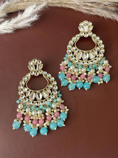 Kundan Dangle Earrings with Colored Beads & Maang Tika: Festive Jewelry