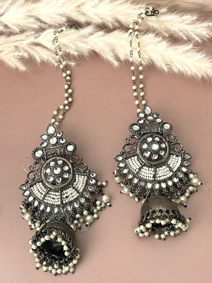 Oxidized Jhumki Earrings with Pearl Chain: Black Kundan Jewelry