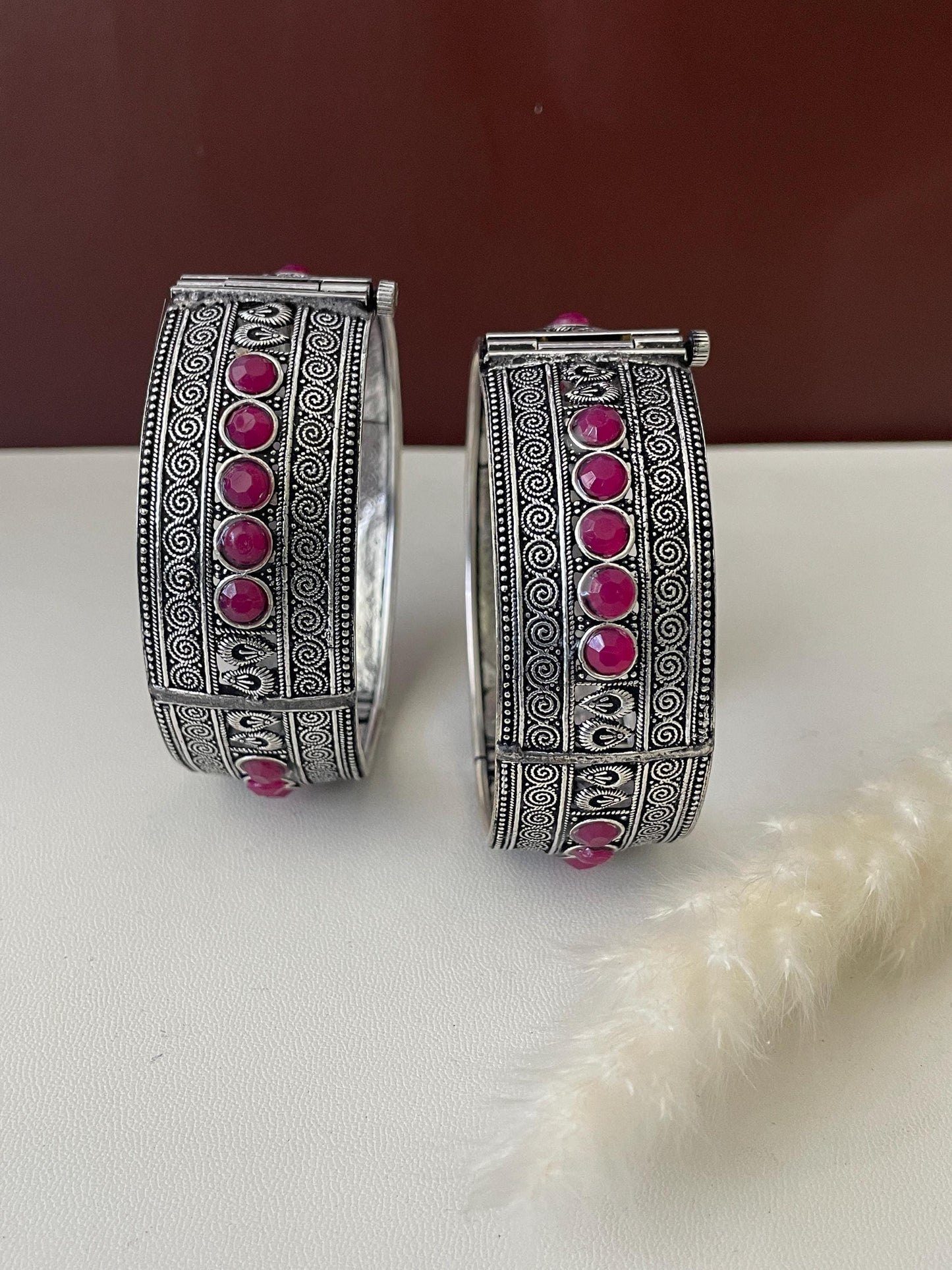 Oxidised kada bangles withred gems . Openable bangles