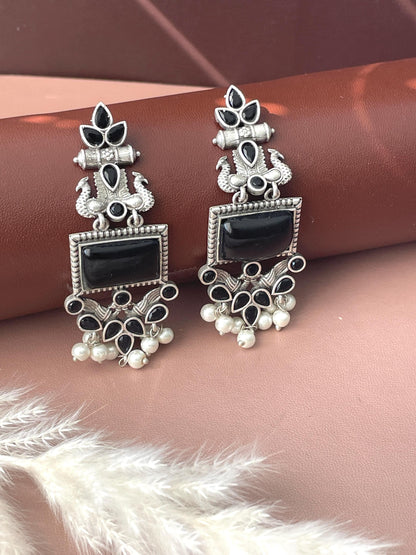 Oxidized Peacock Dangle Earrings: Monalisa Stone, Navratri Jewelry