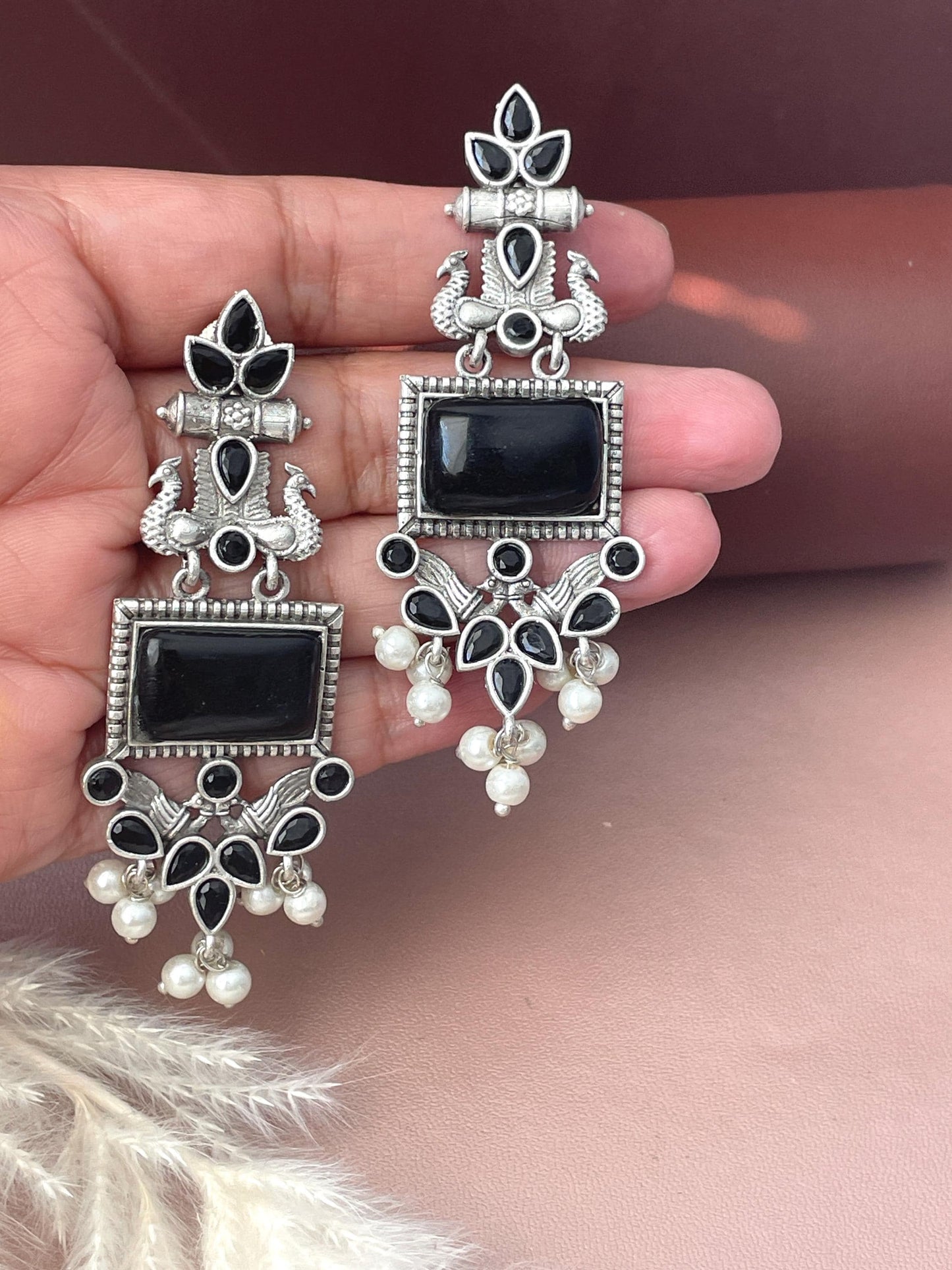 Oxidized Peacock Dangle Earrings: Monalisa Stone, Navratri Jewelry