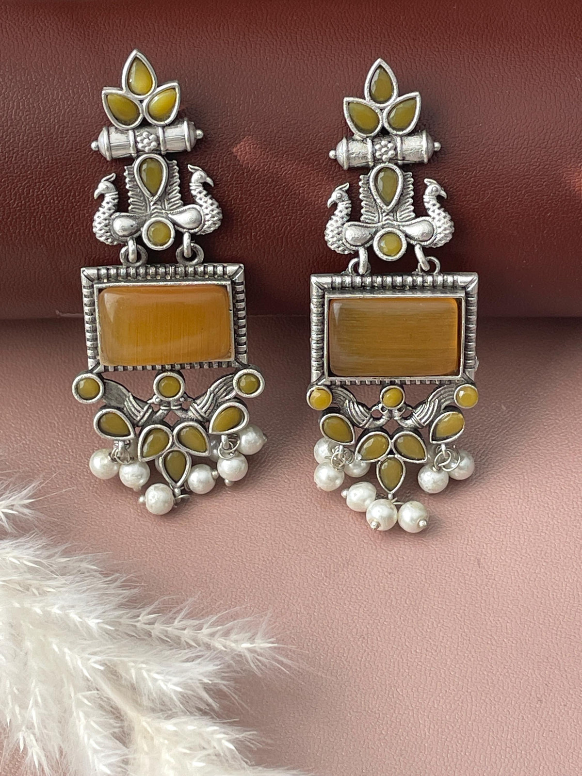 Oxidized Peacock Dangle Earrings: Monalisa Stone, Navratri Jewelry