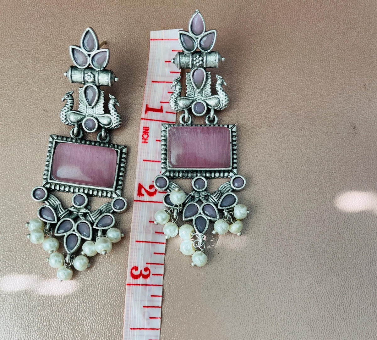 Oxidized Peacock Dangle Earrings: Monalisa Stone, Navratri Jewelry