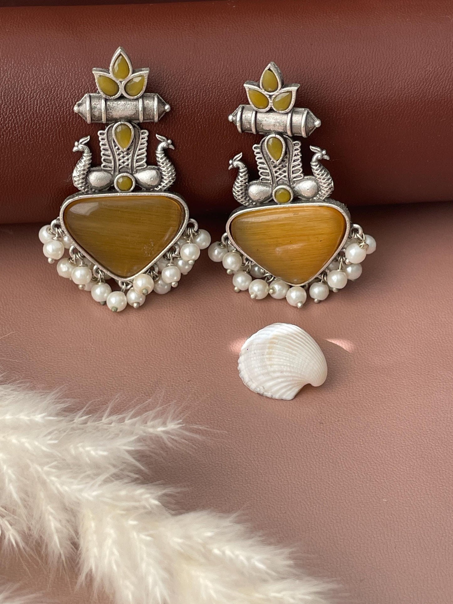 Peacock Oxidised Monalisa stone earrings | High quality colorful earrings| Oxidised pink yellow and black Navratri earrings