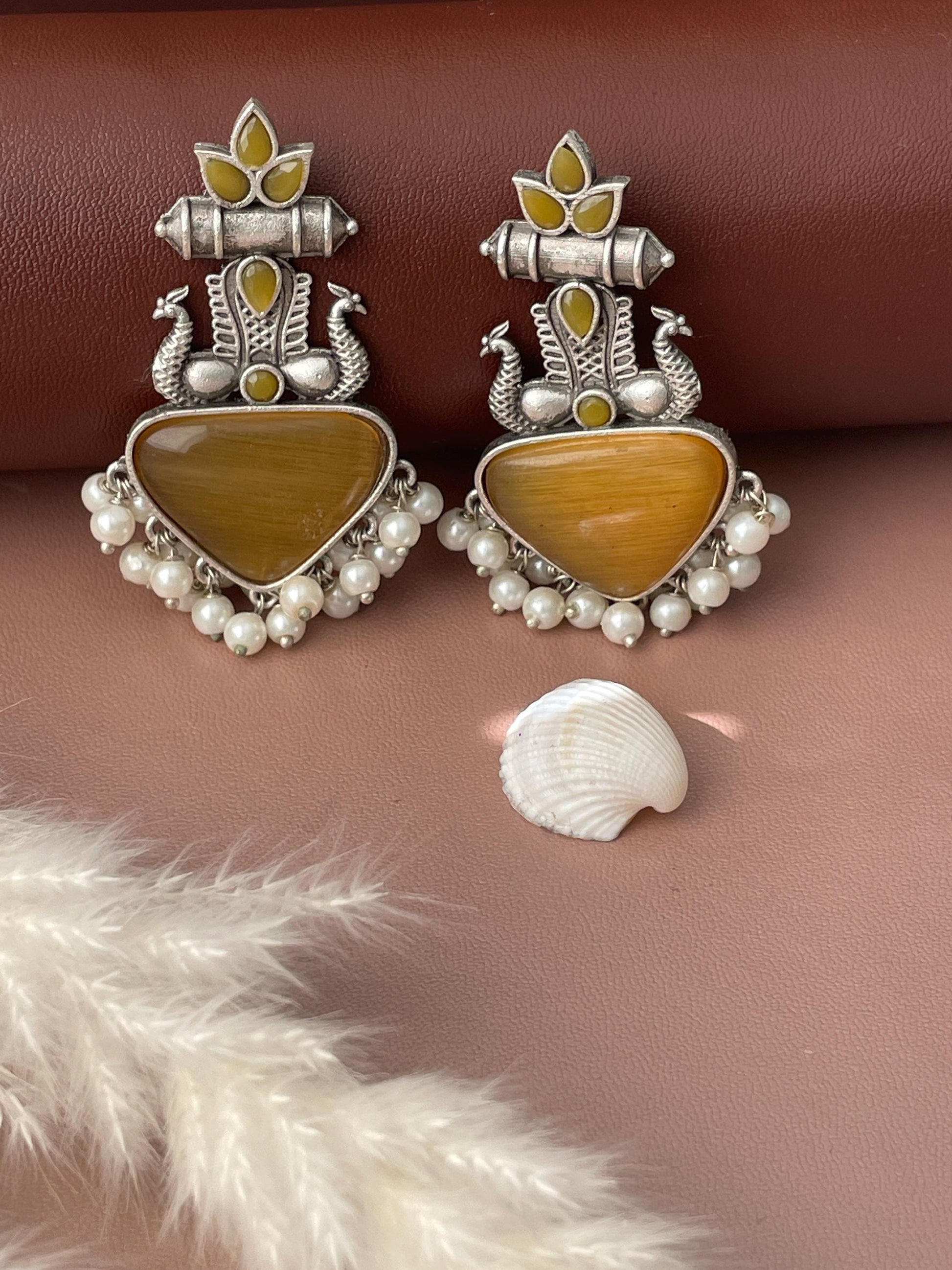 Peacock Oxidised Monalisa stone earrings | High quality colorful earrings| Oxidised pink yellow and black Navratri earrings