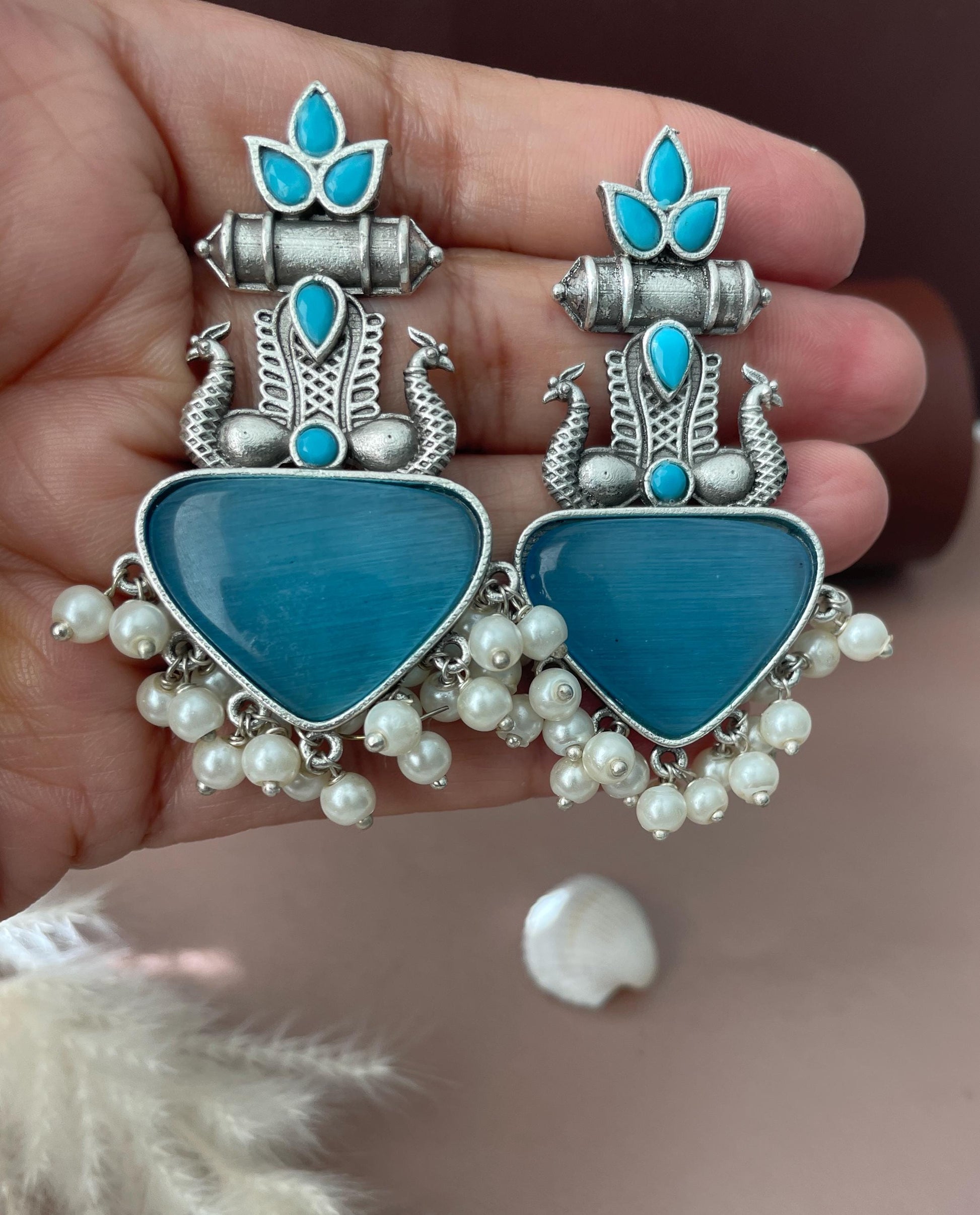 Peacock Oxidised Monalisa stone earrings | High quality colorful earrings| Oxidised pink yellow and black Navratri earrings
