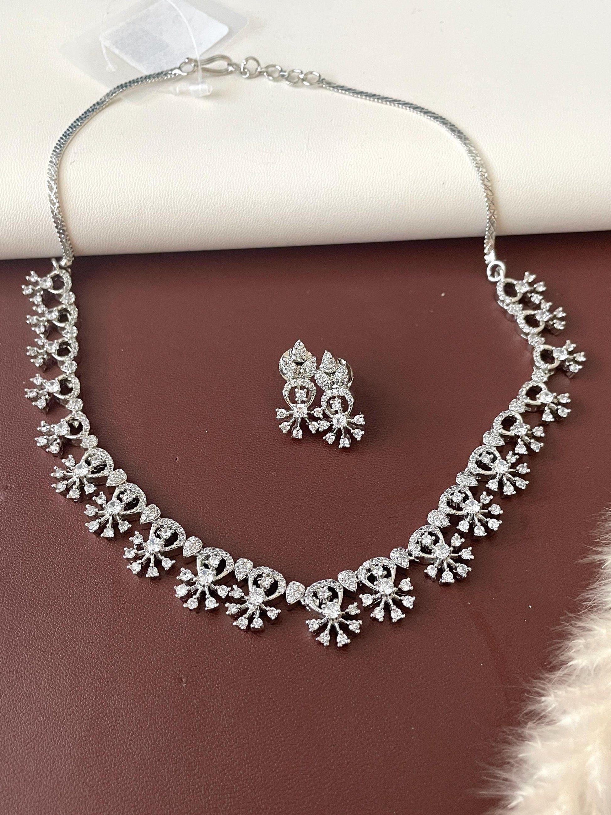 CZ rhodium plated bridal necklace