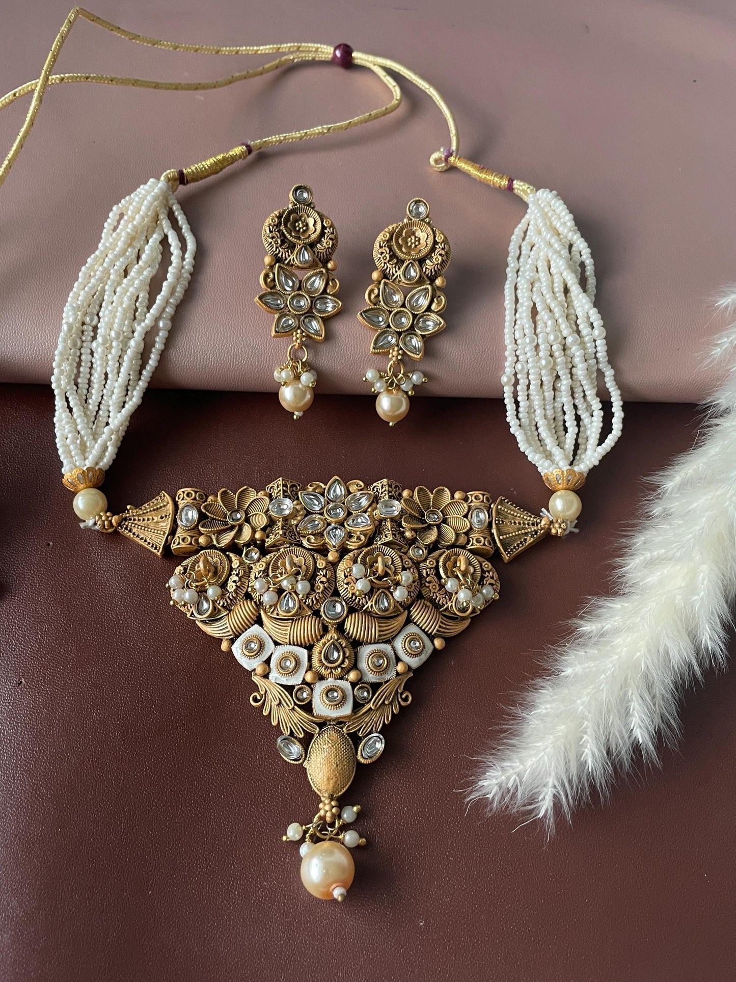 Rajawadi finish gold pearl kundan and colored beads necklace set