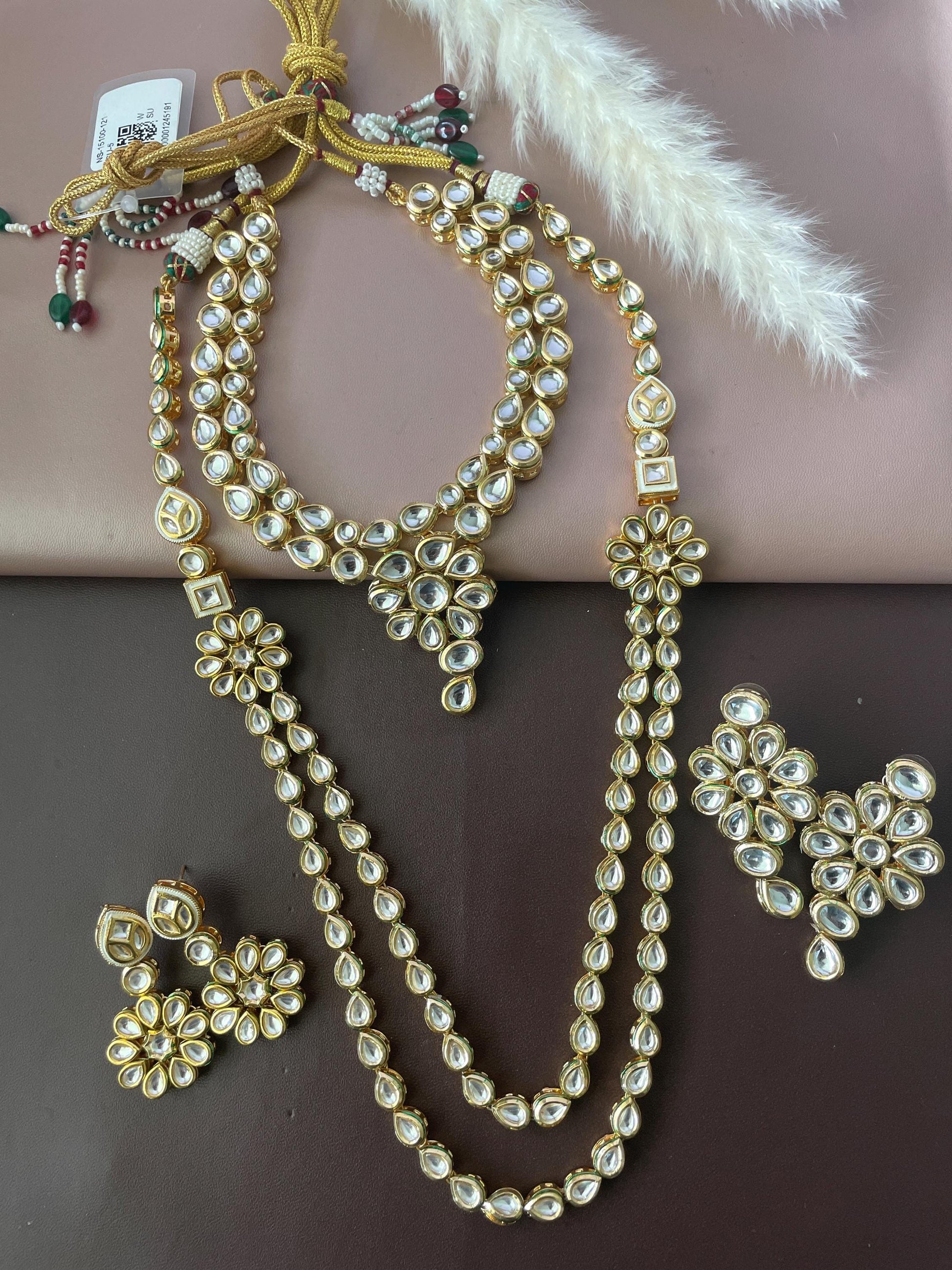 Gold Plated Kundan long layered Necklace Set: Indian Bridal Jewelry