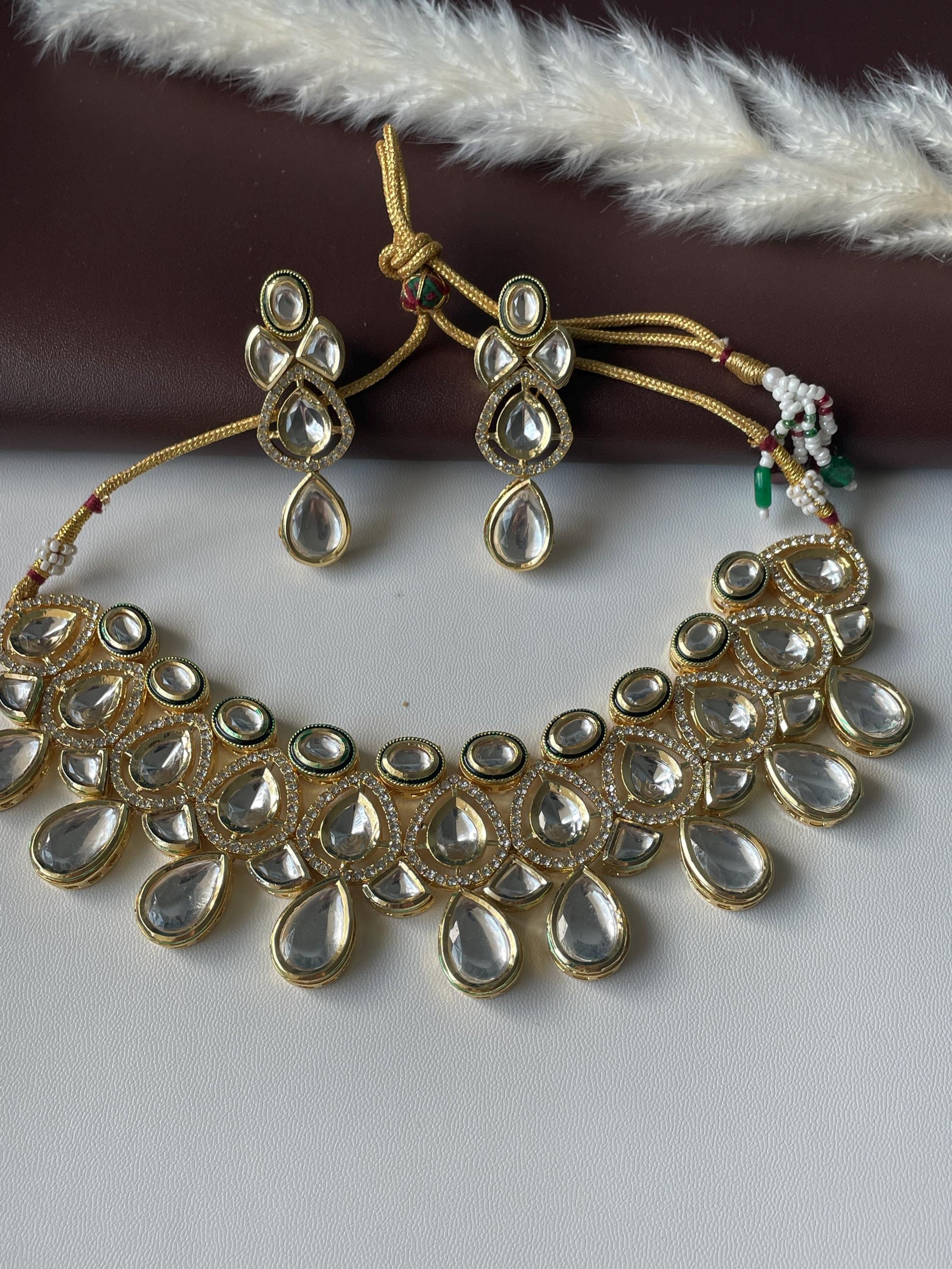 Gold Plated Kundan CZ Collar Necklace Set: Indian Bridal Jewelry