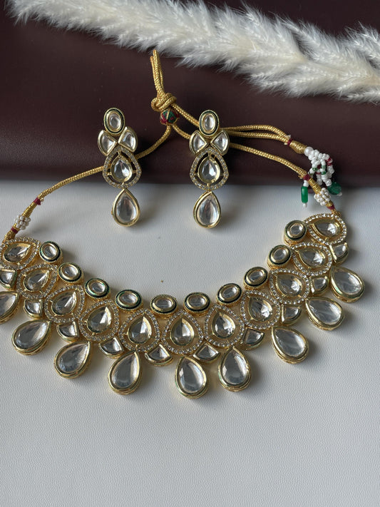 Gold Plated Kundan CZ Collar Necklace Set: Indian Bridal Jewelry