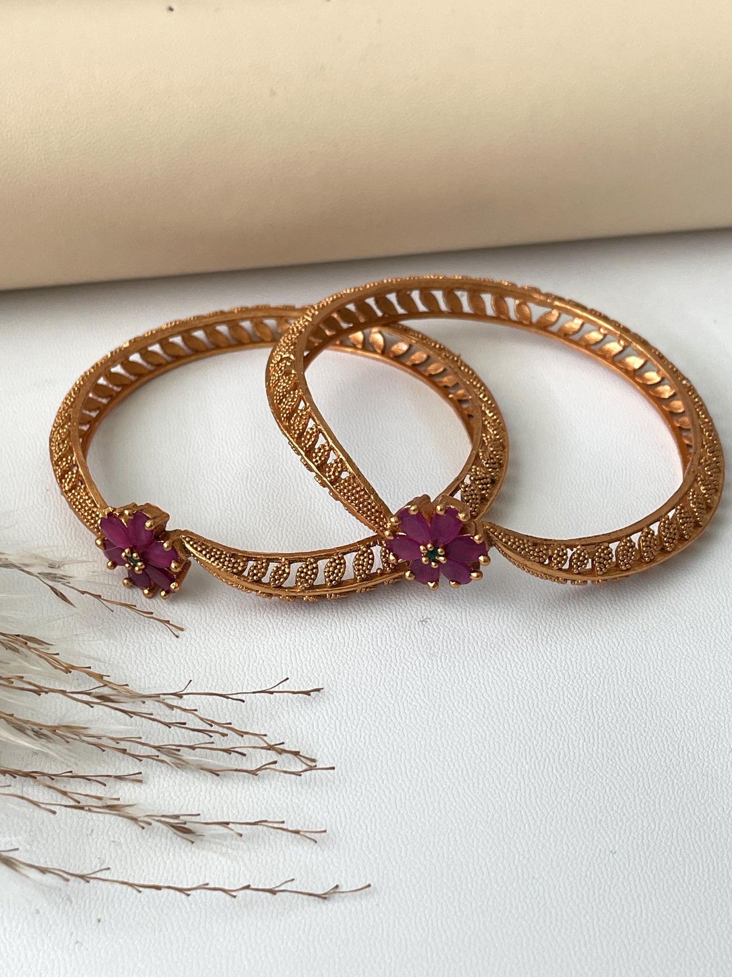 Antique Gold Plated Bangles: Red & Green Flower Lightweight Tode