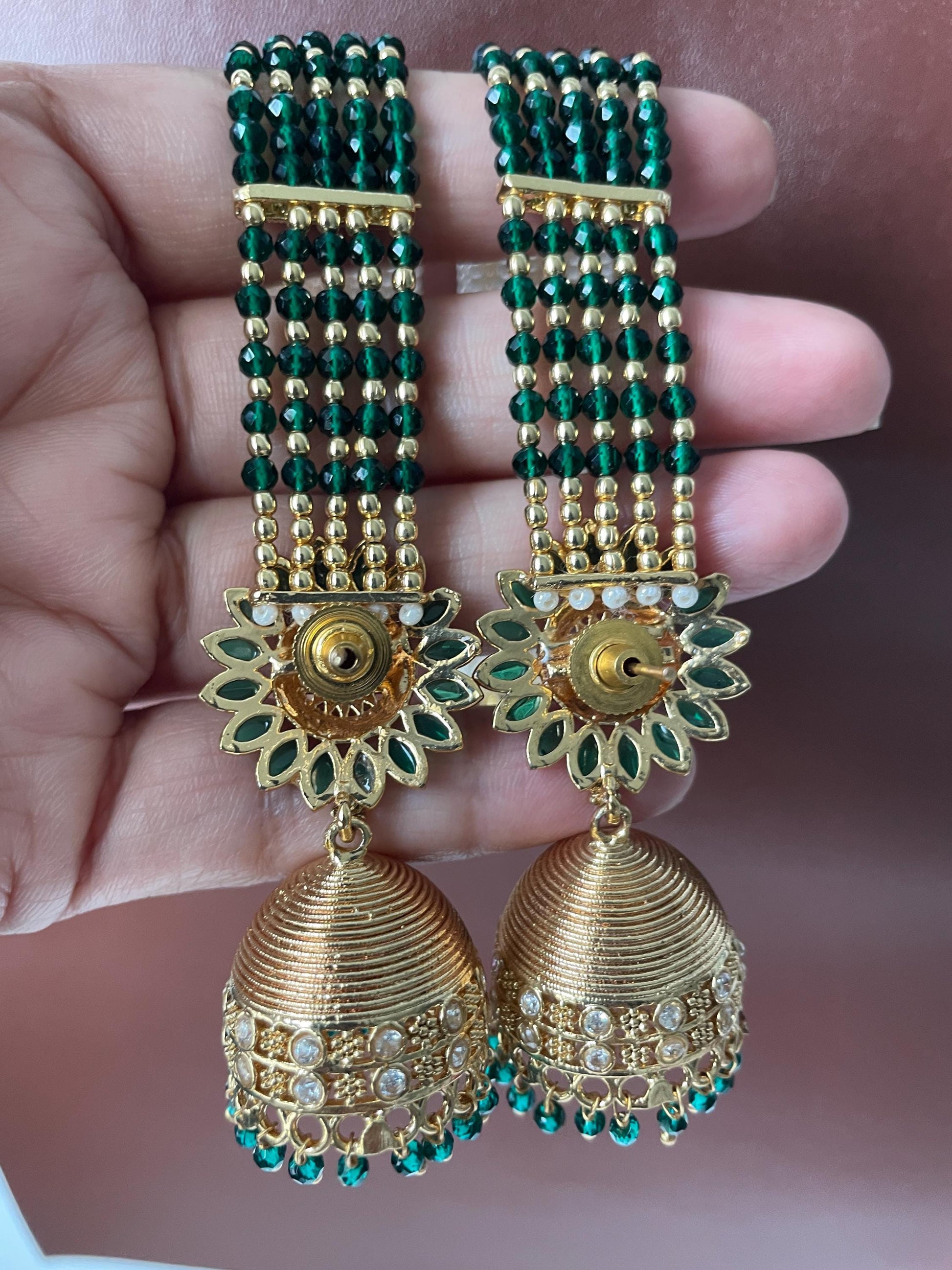Gold Plated Jhumki Earrings with Ear Chain: Bridal Jewelry