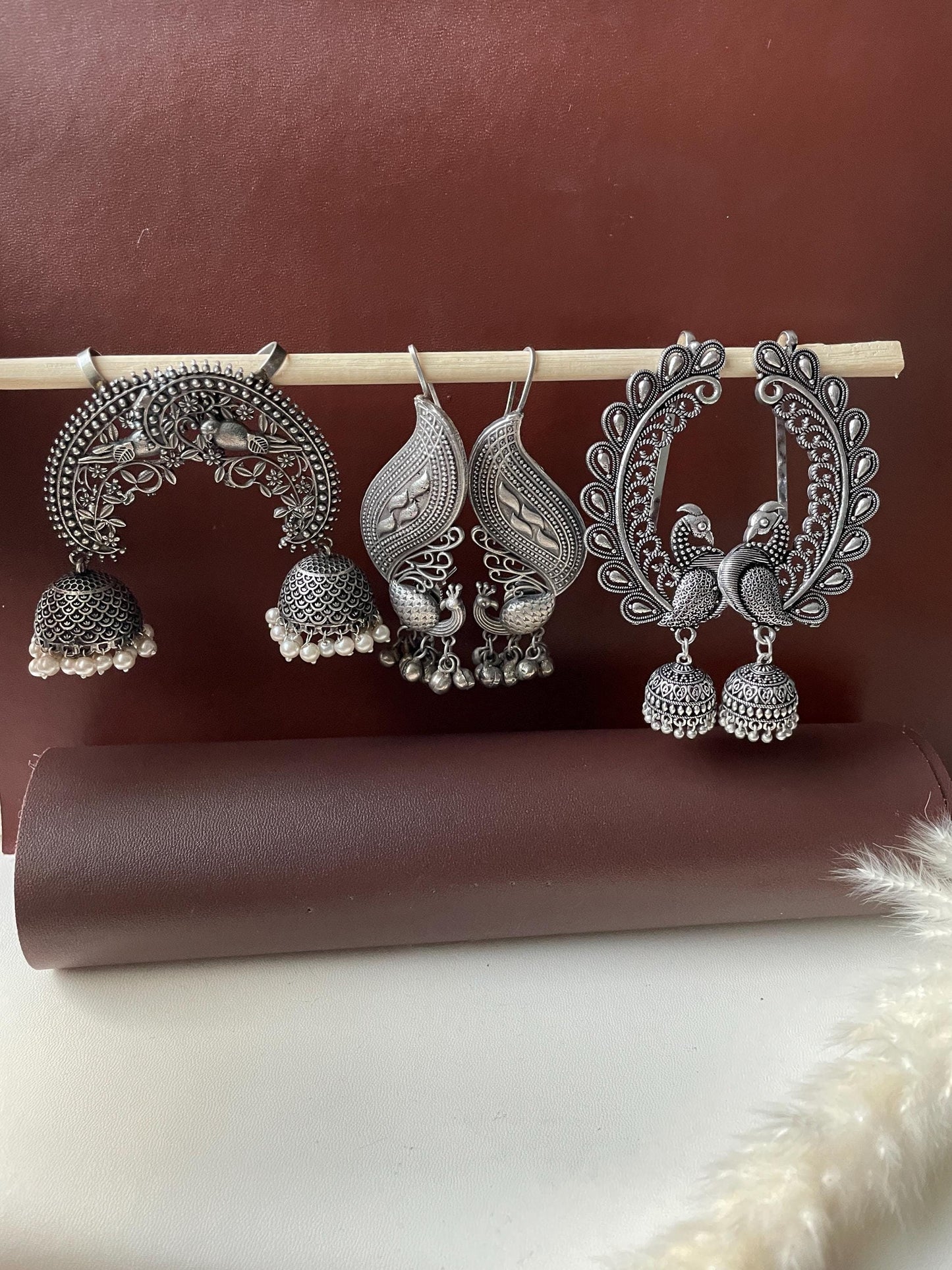 Big Oxidised kaan phool Oxidised earcuffs.3 designs available with peacock,and birds. Very stunning pieces .