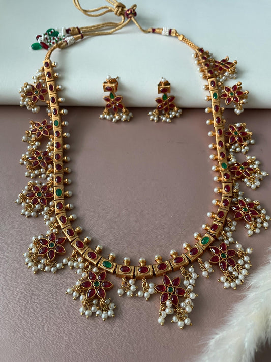 Kemp Stone Guttapusalu Necklace Set: Ruby Green Gold Plated Haaram