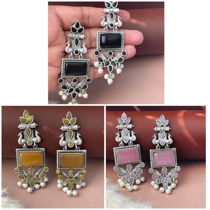 Oxidized Peacock Dangle Earrings: Monalisa Stone, Navratri Jewelry