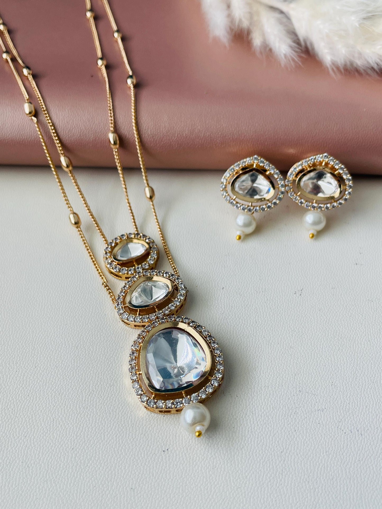 Gold Plated Kundan CZ Necklace Set: Layered Pendant, Festive Jewelry