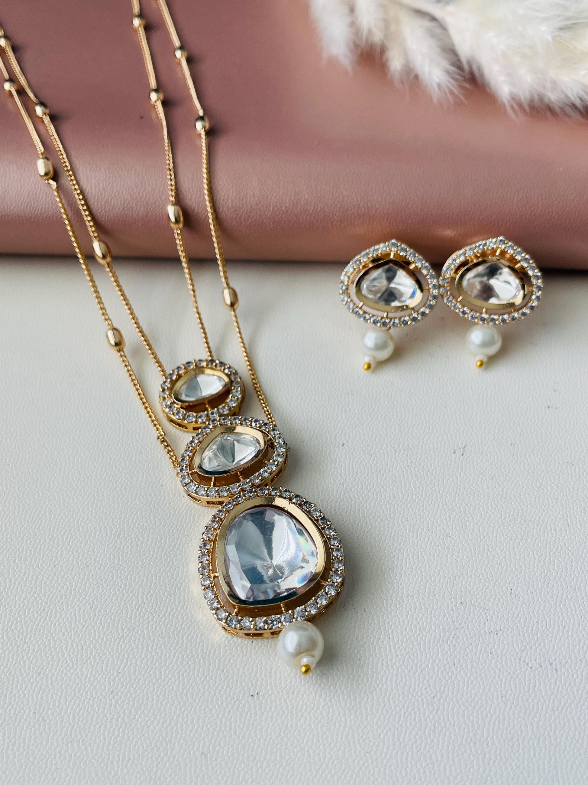 Gold Plated Kundan CZ Necklace Set: Layered Pendant, Festive Jewelry