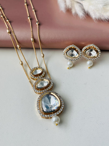 Gold Plated Kundan CZ Necklace Set: Layered Pendant, Festive Jewelry