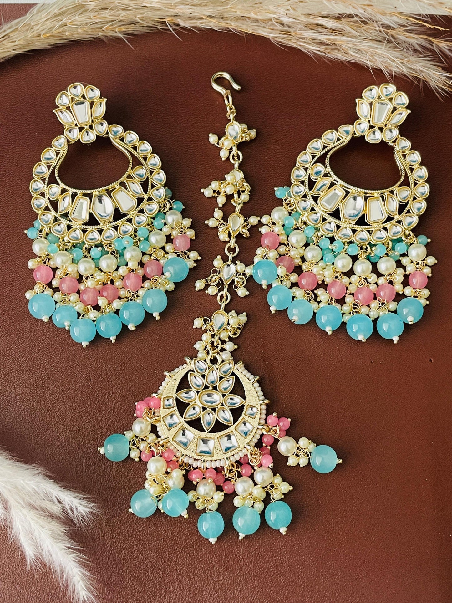 Kundan Dangle Earrings with Colored Beads & Maang Tika: Festive Jewelry