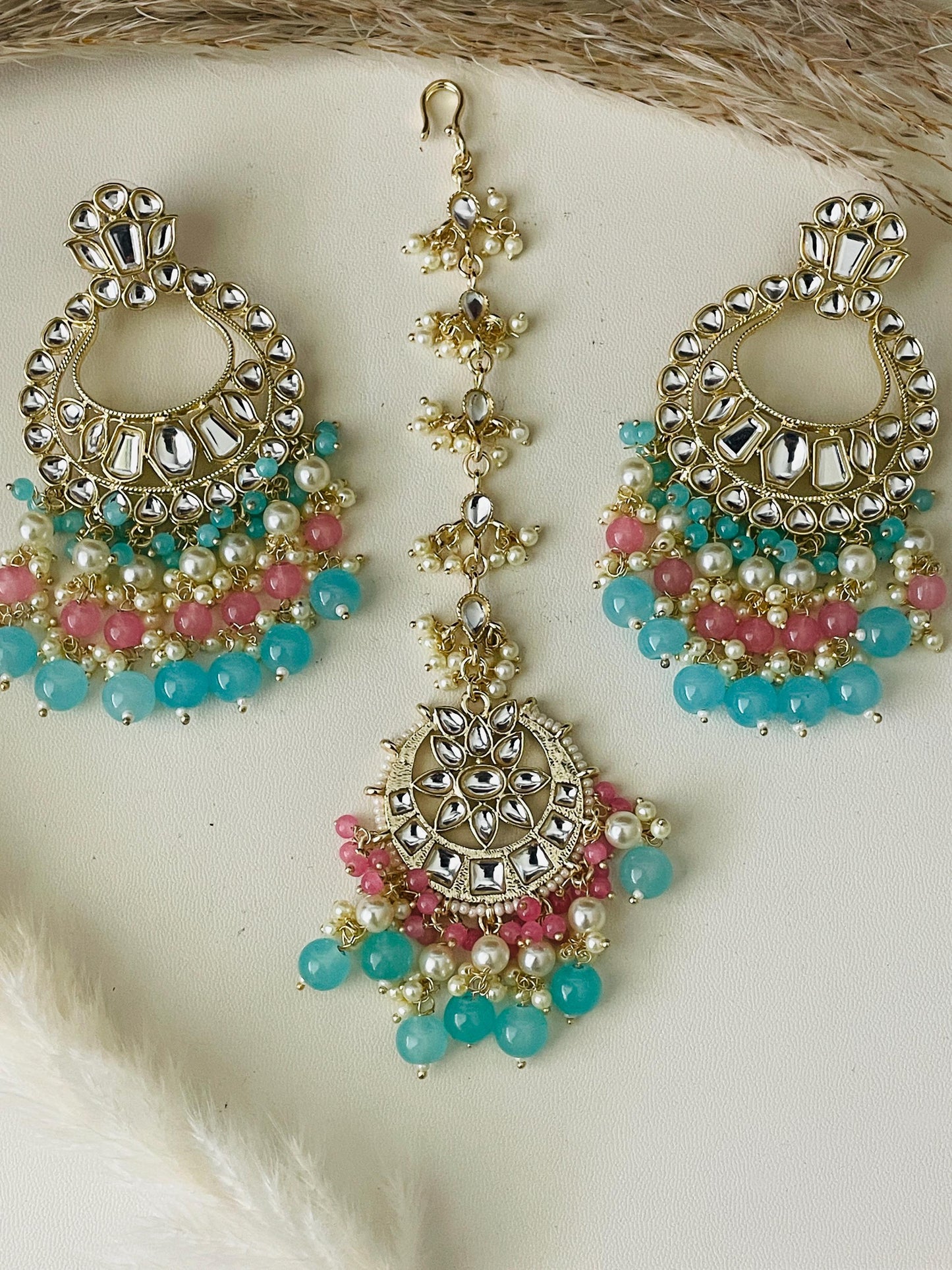 Kundan Dangle Earrings with Colored Beads & Maang Tika: Festive Jewelry