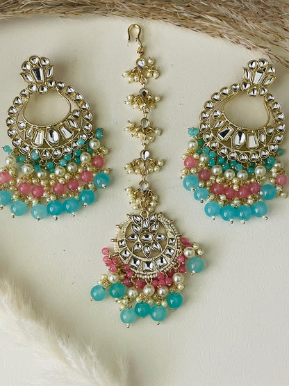 Kundan Dangle Earrings with Colored Beads & Maang Tika: Festive Jewelry