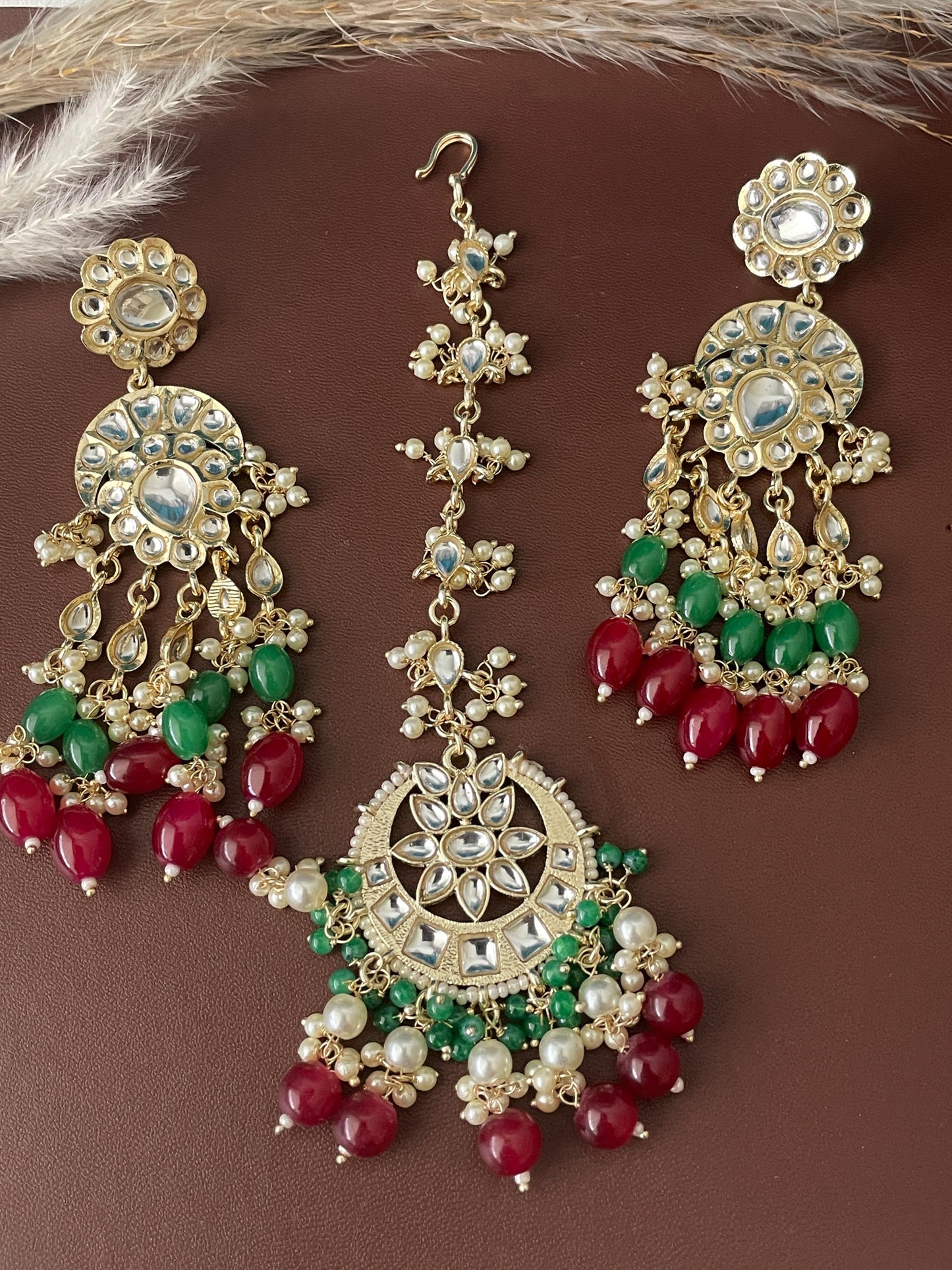 Kundan Dangle Earrings with Colored Beads & Maang Tika: Festive Jewelry