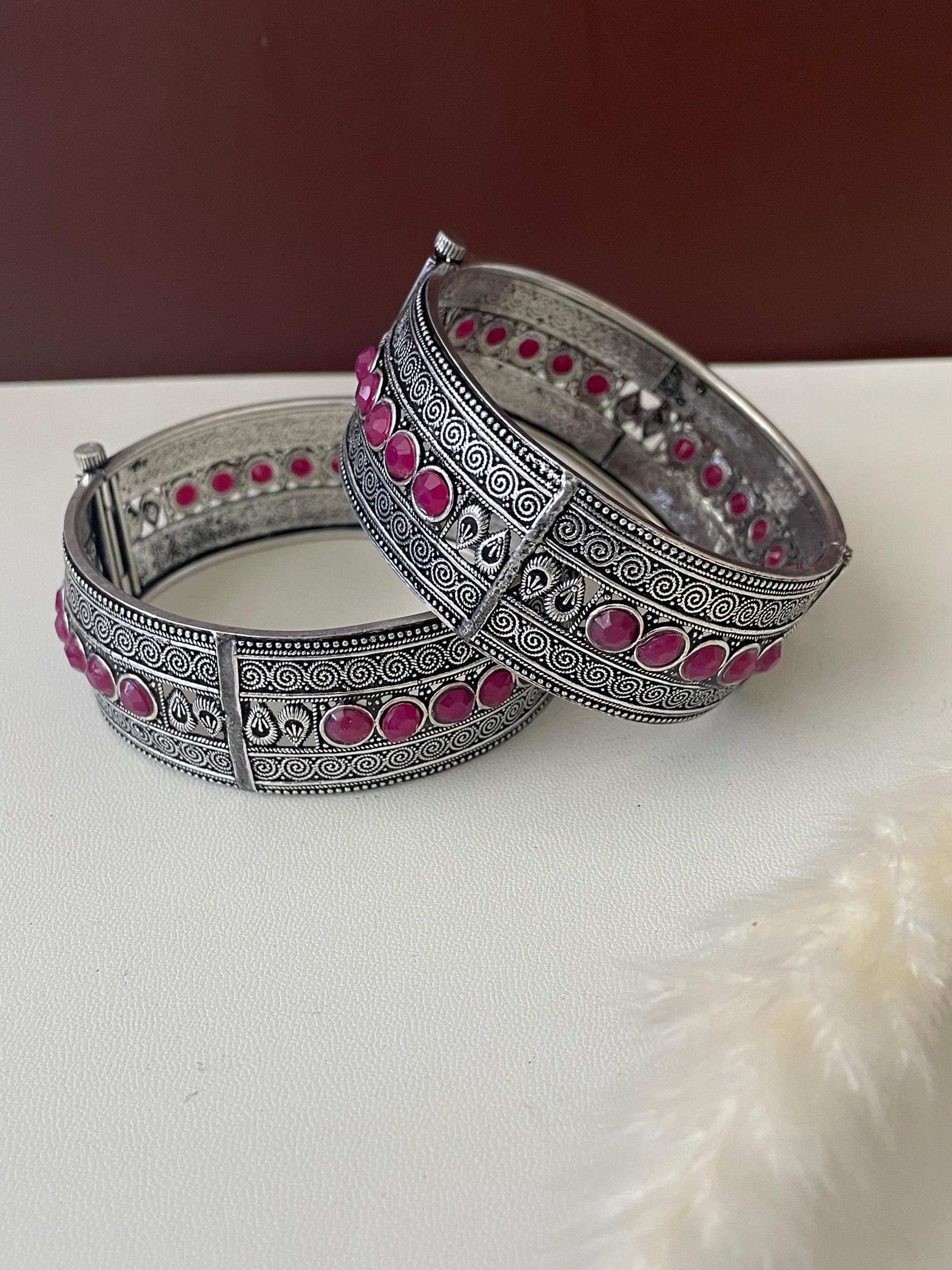 Oxidized Bangle: Red Gem, Openable Indian Jewelry