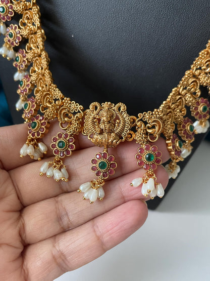 Kemp Stone Gold Plated Necklace Set: Ruby Green Haaram, South Indian Jewelry