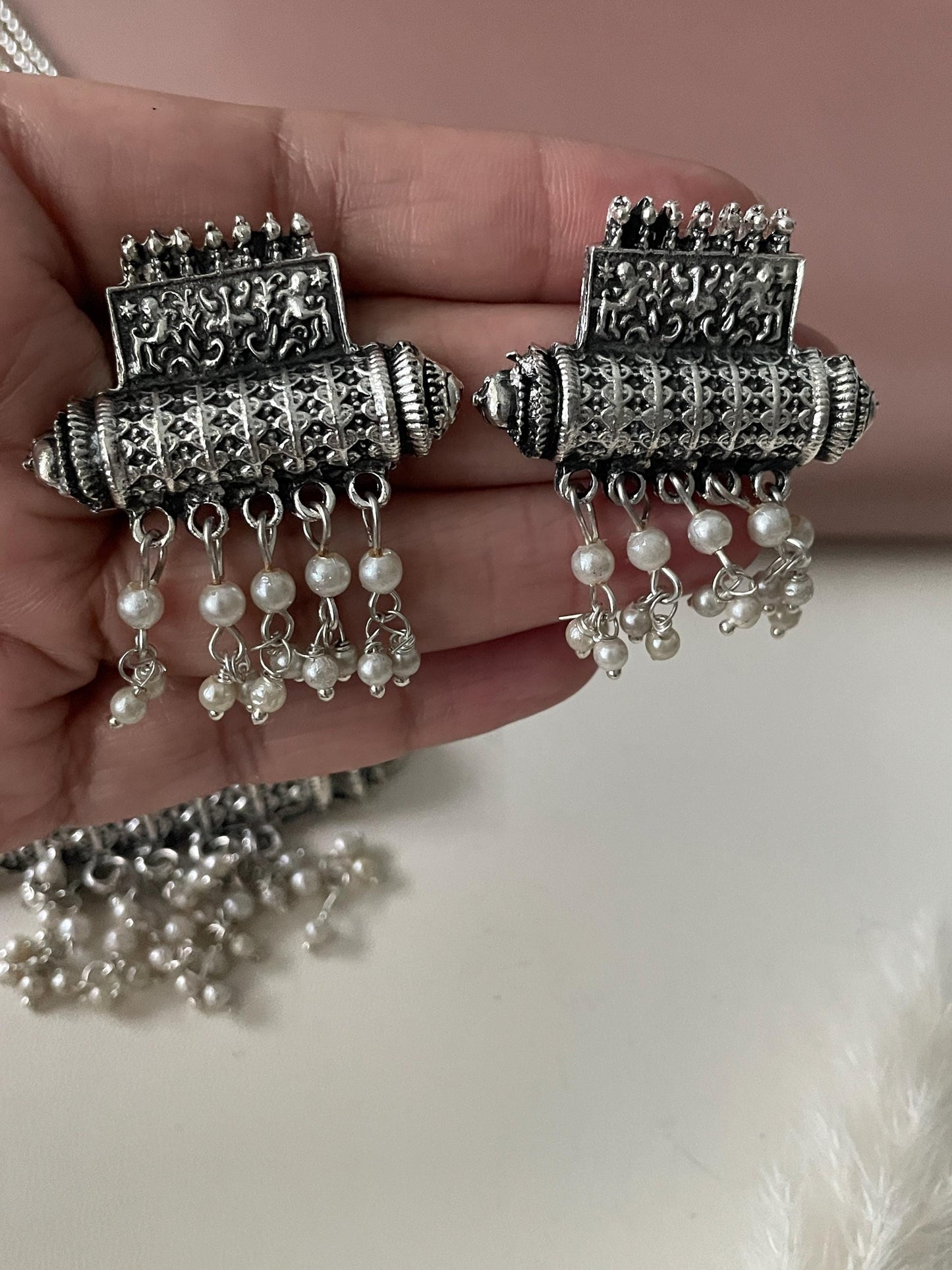 Oxidized Silver Necklace & Earrings Set: Adjustable Navratri Jewelry