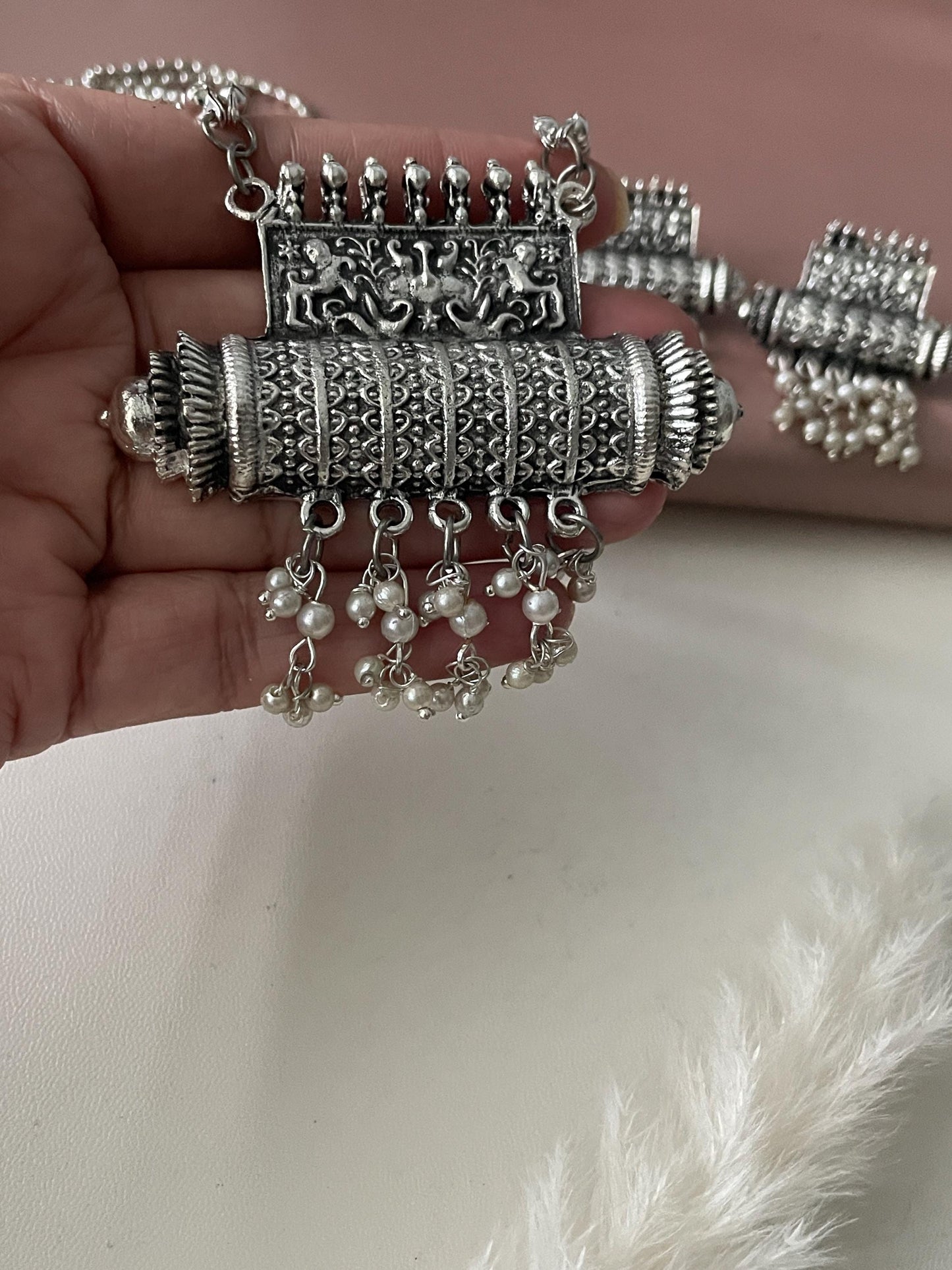 Oxidized Silver Necklace & Earrings Set: Adjustable Navratri Jewelry