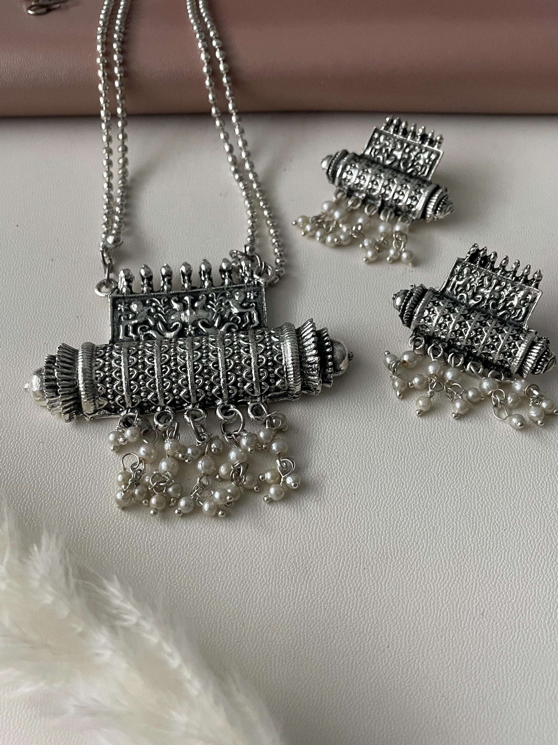 Oxidized Silver Necklace & Earrings Set: Adjustable Navratri Jewelry