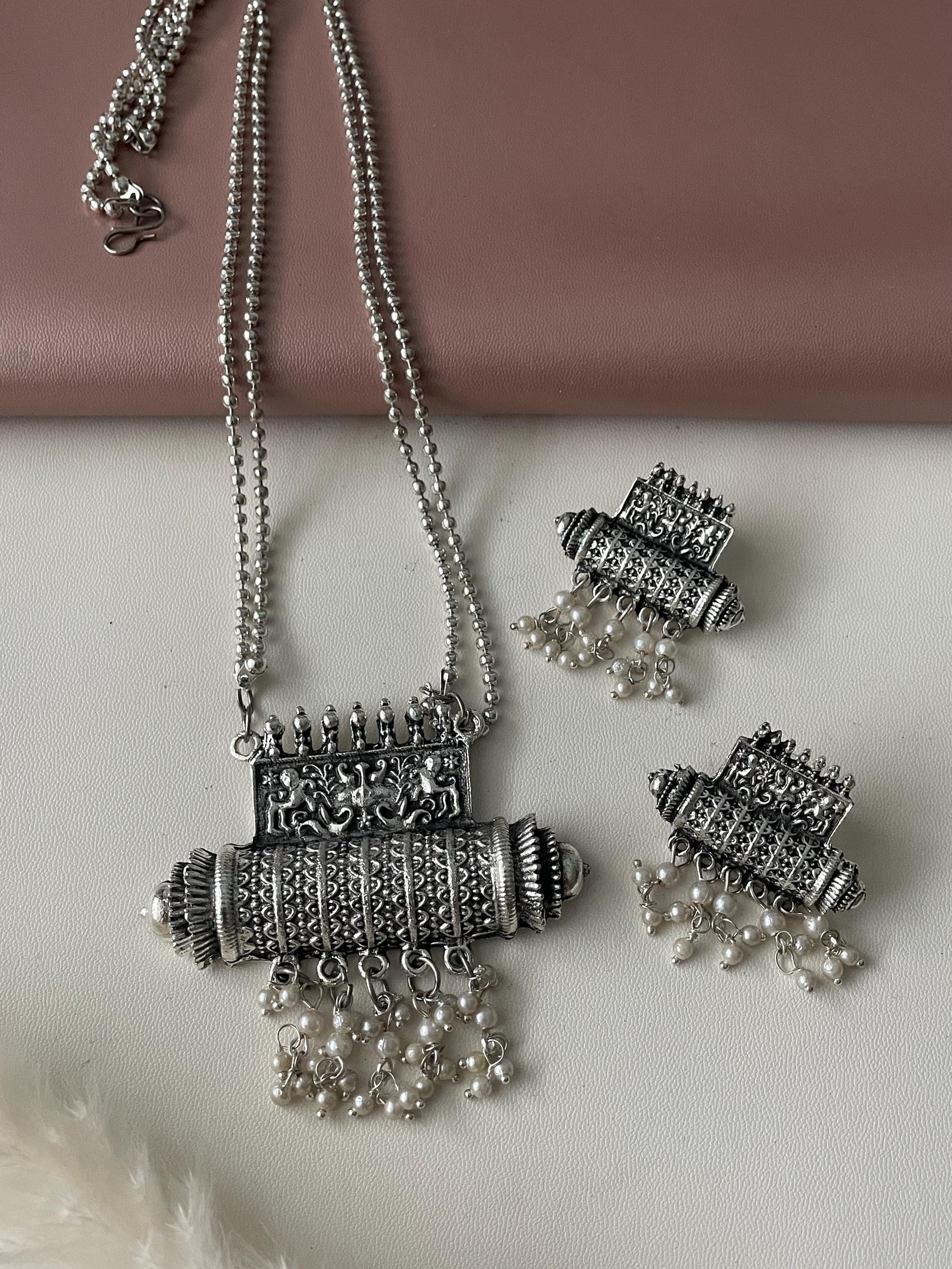 Oxidized Silver Necklace & Earrings Set: Adjustable Navratri Jewelry