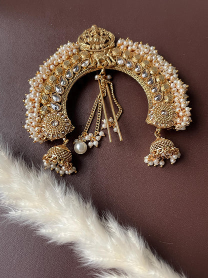 Antique Gold Plated Bridal Hair Bun Accessory: Kundan & Faux Pearl Juda Jewelry