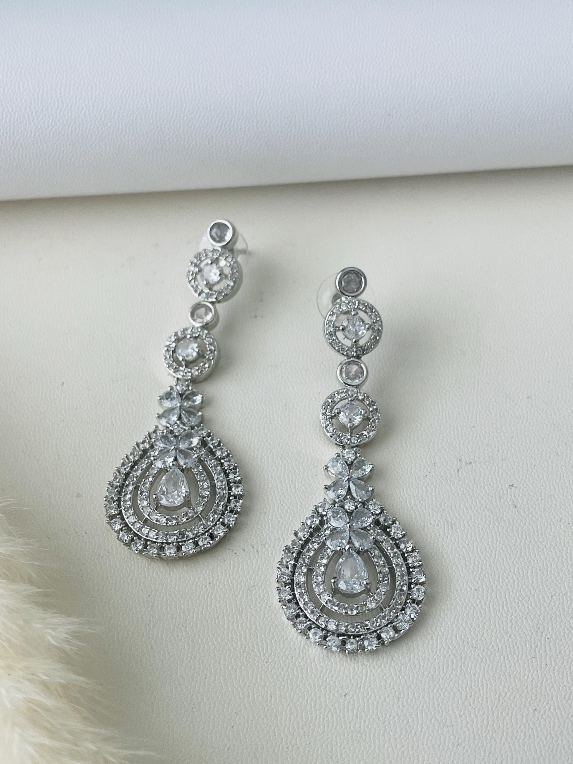 Cubic zirconia rhodium plated long earrings