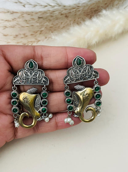 Dual tone Ganapati Earrings: Green & Gold Navratri Jewelry