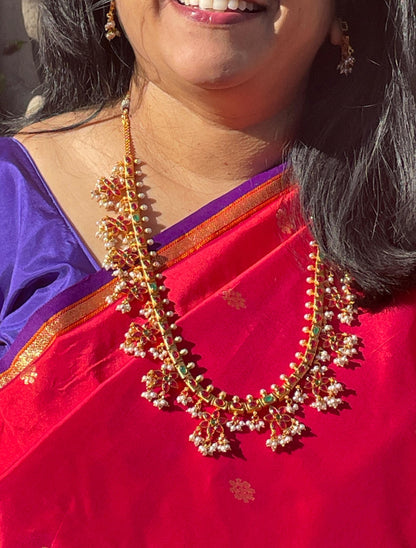 Kemp Stone Guttapusalu Necklace Set: Ruby Green Gold Plated Haaram