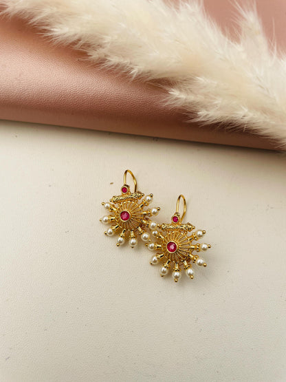 Maharashtrian Bugadi Earrings: Moti, CZ Ruby, Pearl Clip-Ons