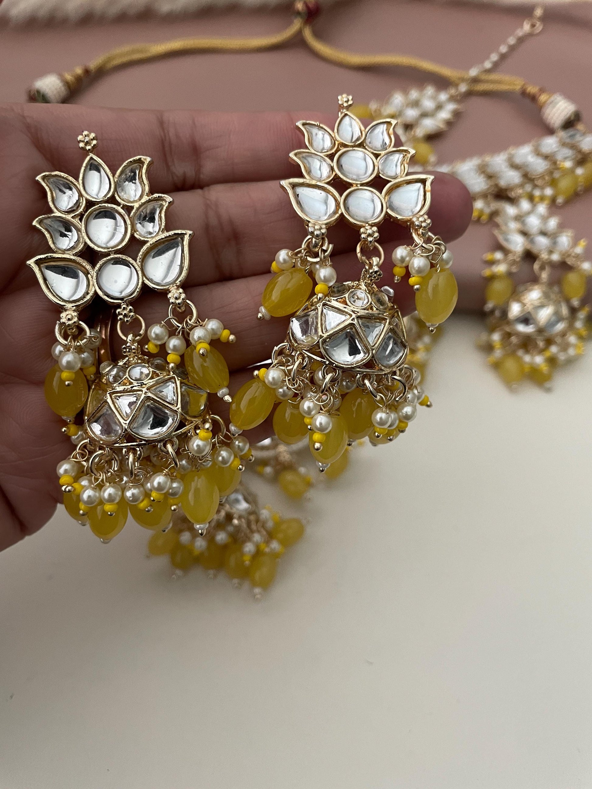 Yellow Kundan Choker Set: Bridal Necklace with Earrings & Maang Tika