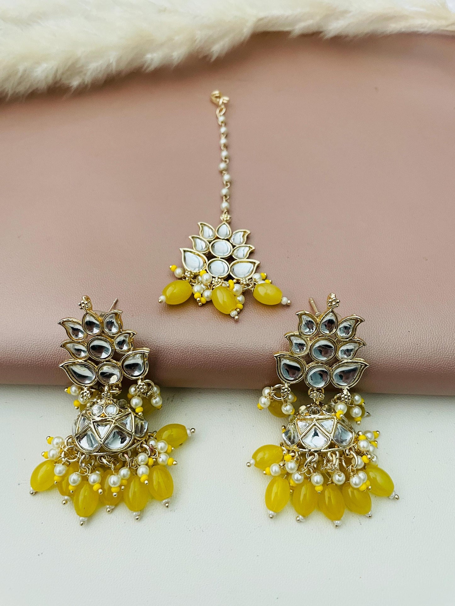 Yellow Kundan Choker Set: Bridal Necklace with Earrings & Maang Tika