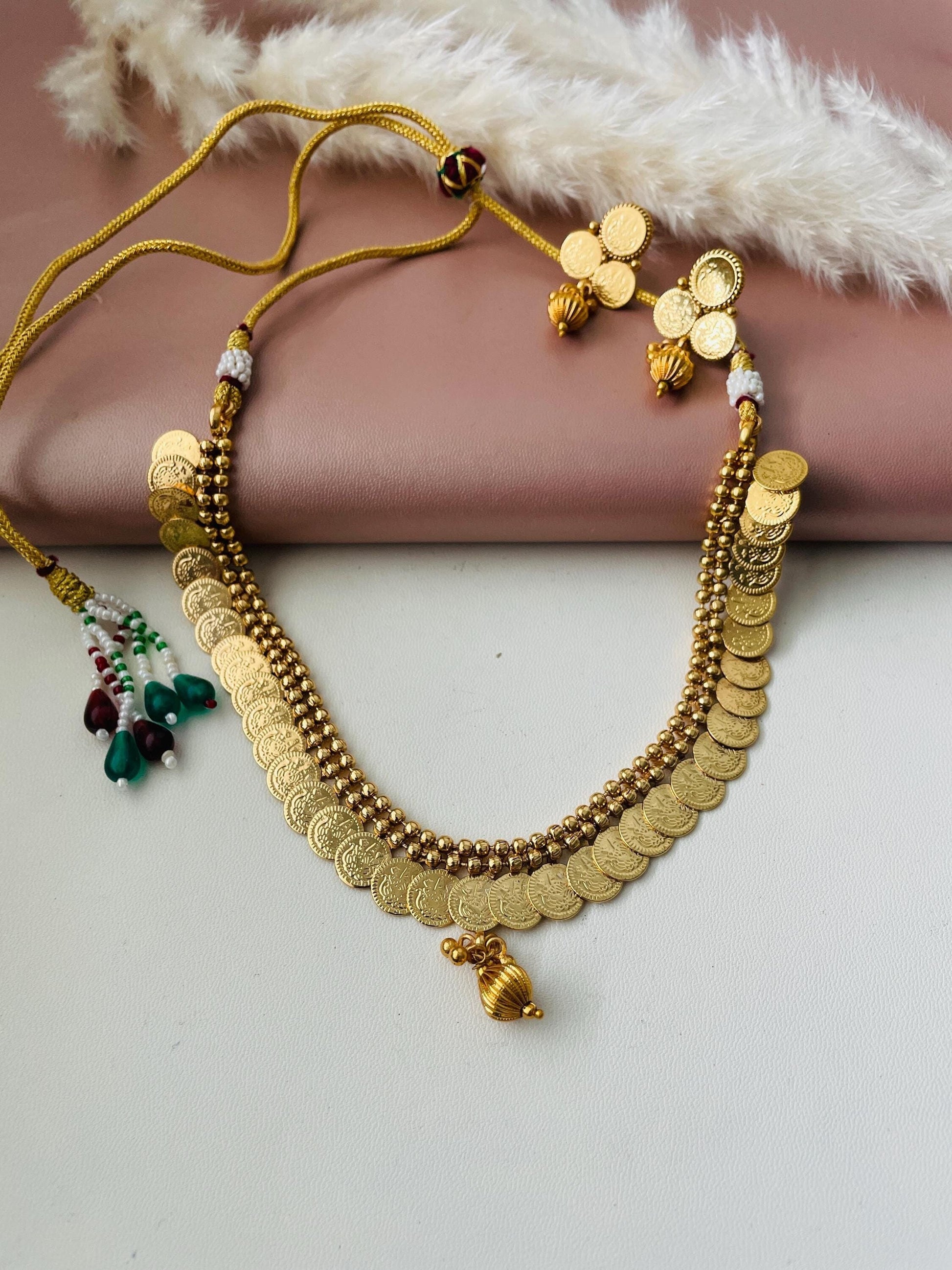 Maharashtrian putali haar with earrings.Golden coin necklace