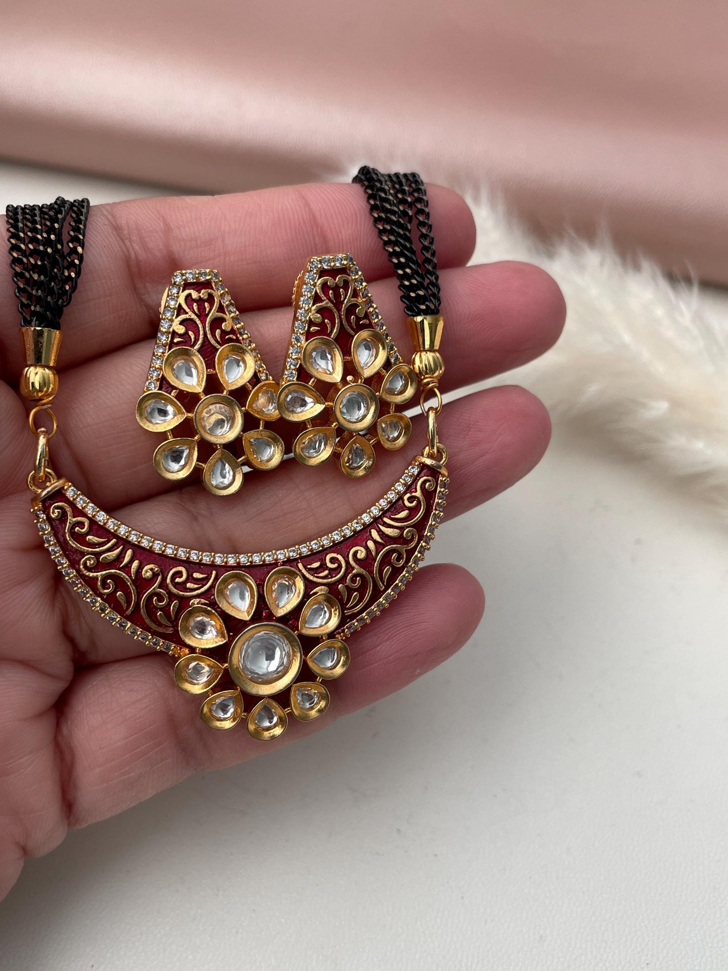 Gold Plated Kundan Mangalsutra: Minakari Black Chain Necklace