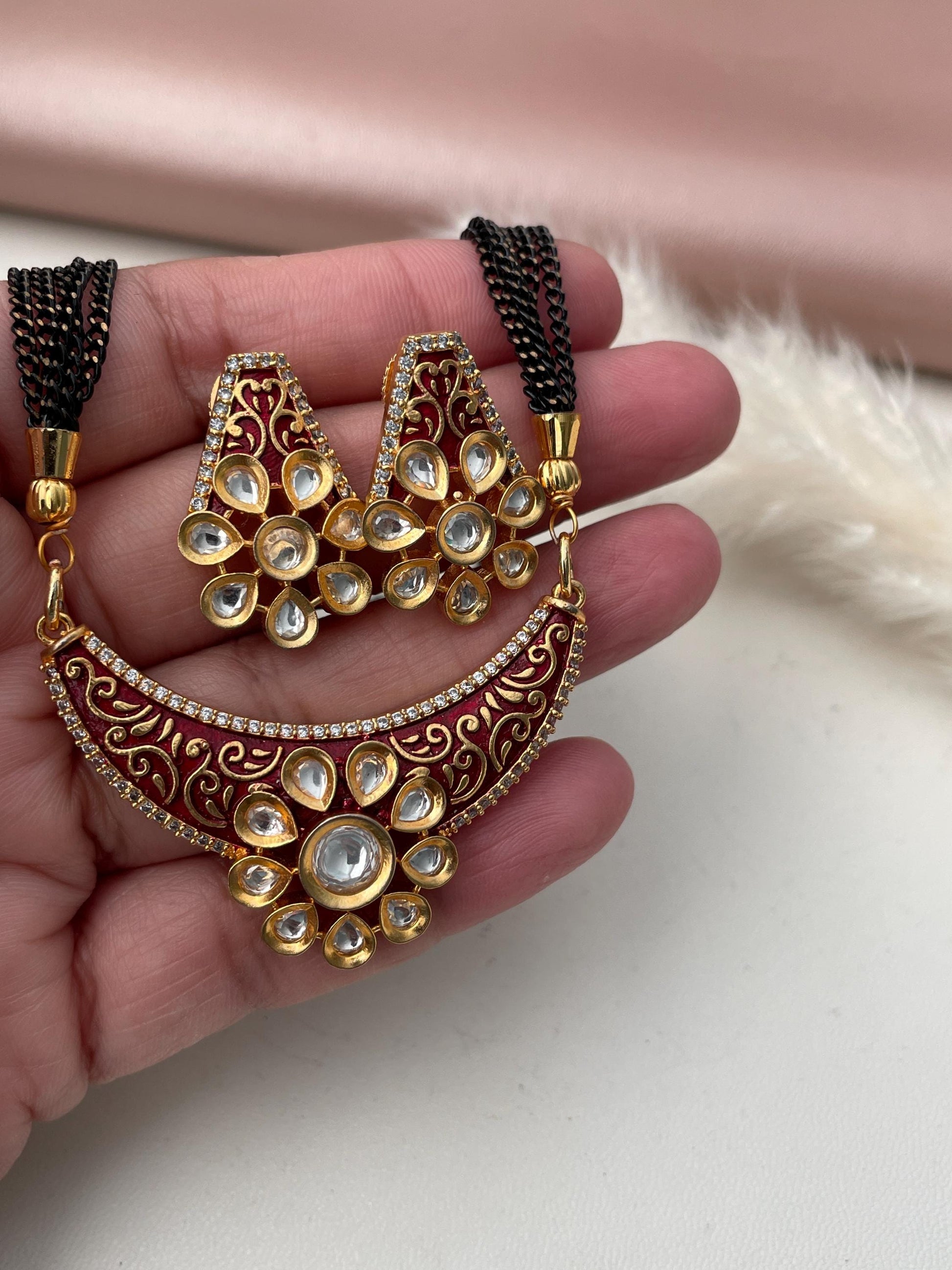 Gold Plated Kundan Mangalsutra: Minakari Black Chain Necklace