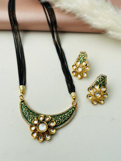 Gold Plated Kundan Mangalsutra: Minakari Black Chain Necklace