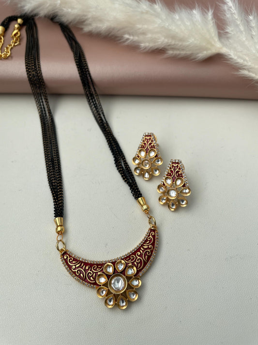 Gold Plated Kundan Mangalsutra: Minakari Black Chain Necklace