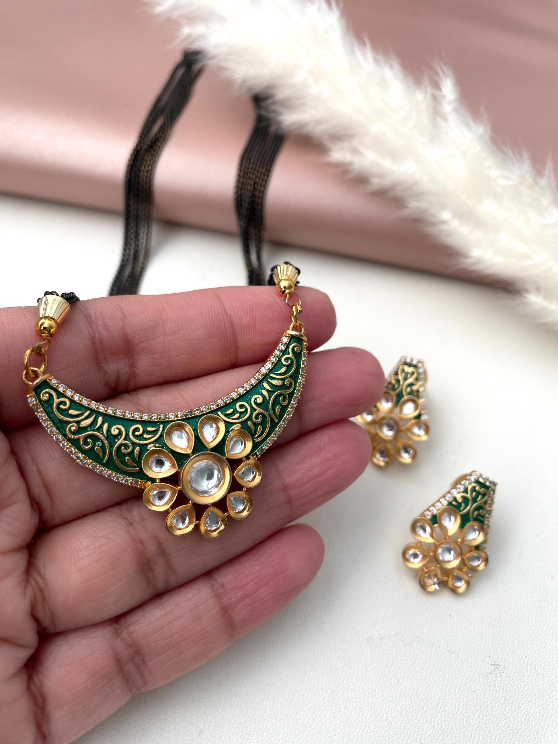 Gold Plated Kundan Mangalsutra: Minakari Black Chain Necklace
