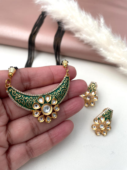 Gold Plated Kundan Mangalsutra: Minakari Black Chain Necklace
