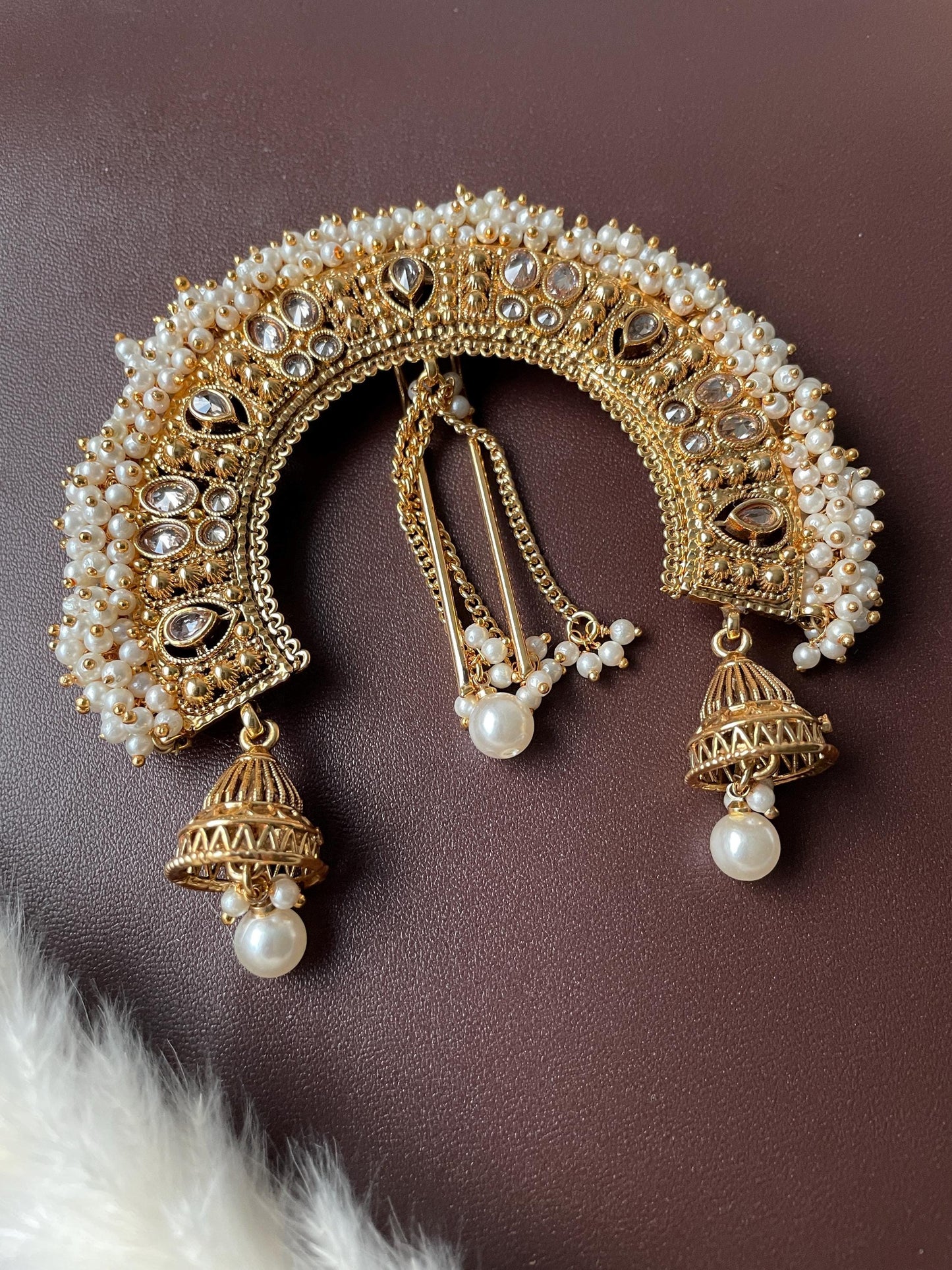 Antique Gold Plated Bridal Hair Bun Accessory: Kundan & Faux Pearl Juda Jewelry